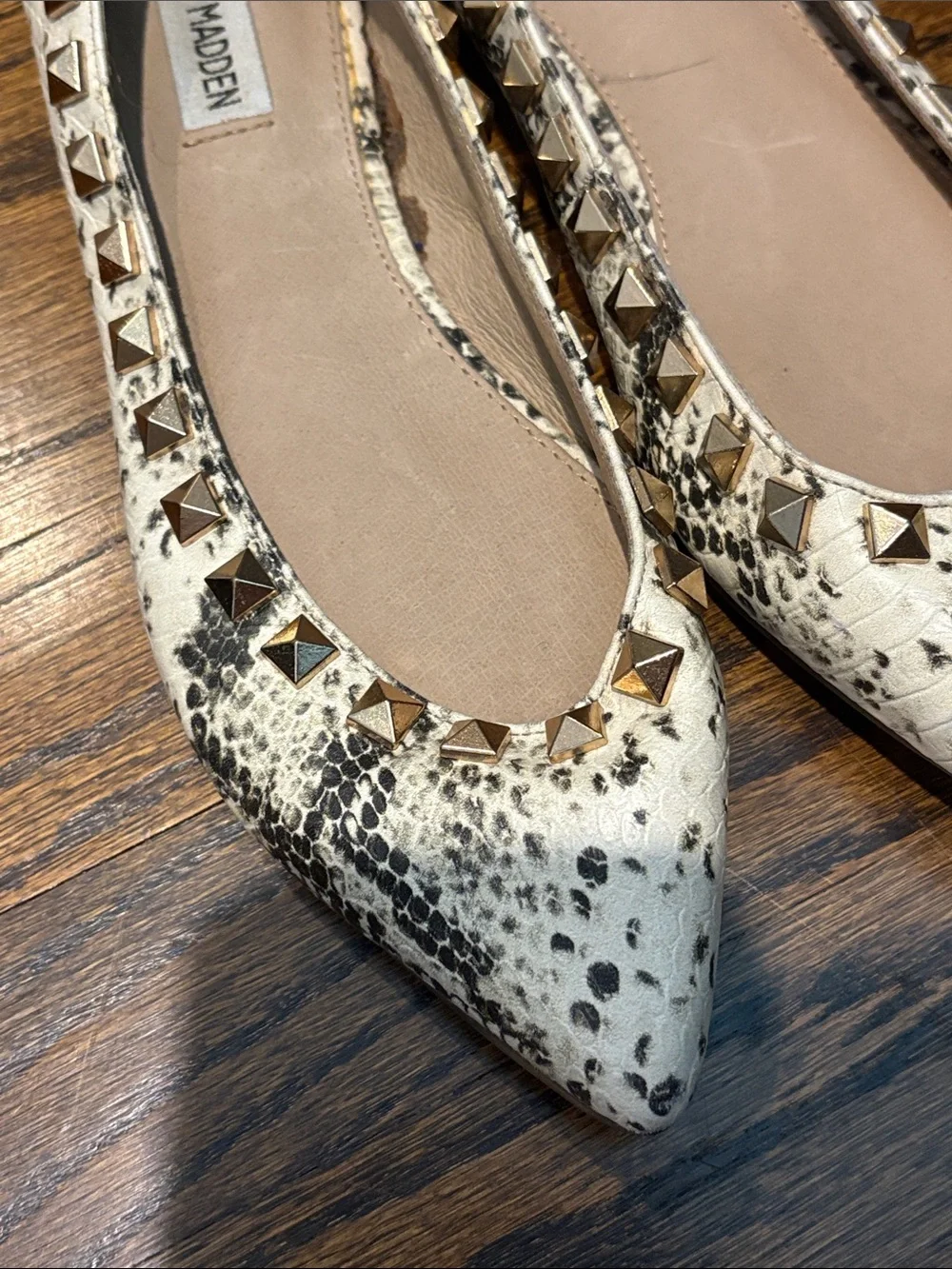 Steve Madden Cream Snake-Print Pointed-Toe Flats with Gold Studs